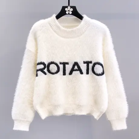 温柔风软糯字母水貂绒毛衣女冬季2023新款宽松加厚短款套头针织衫商品大图