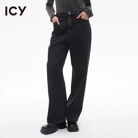 icy新款经典百搭高腰直筒黑色牛仔长裤女图片
