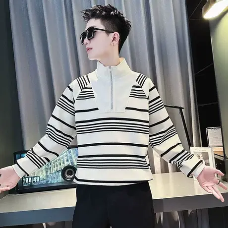 2023春秋条纹半拉链立领卫衣男痞帅潮牌长袖POLO衫韩版潮流外套商品大图