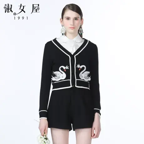 天鹅图案黑白公主毛衣针织衫短款外套开衫商品大图