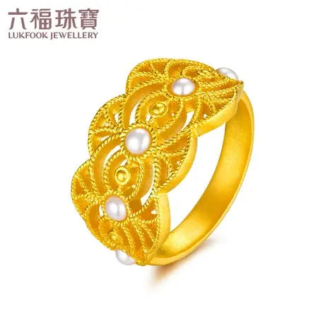 六福珠宝宫廷风黄金戒指女实心足金淡水珍珠戒指计价GMGTBR0023图片
