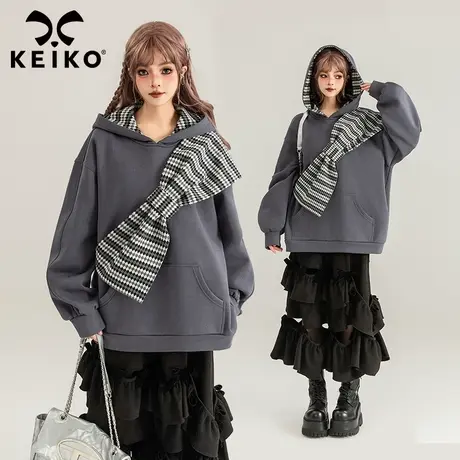 KEIKO 蝴蝶结饰加绒卫衣女2024春季小众设计拼色宽松显瘦连帽外套商品大图