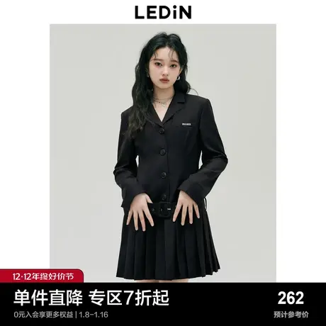 乐町设计感西装领连衣裙春季黑色通勤感长袖裙子图片