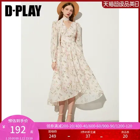 DPLAY春度假风杏色碎花V领泡泡长袖裙摆交叉前短后长高腰连衣裙商品大图
