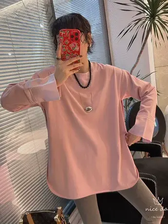 中长款打底衫女春装2024年新款内搭长袖t恤宽松纯色百搭圆领上衣商品大图