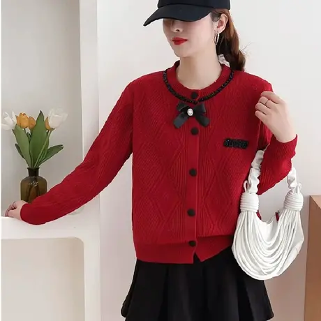 红色新年过年针织毛衣女蝴蝶结针织开衫外套女小个子女装上衣爆款商品大图