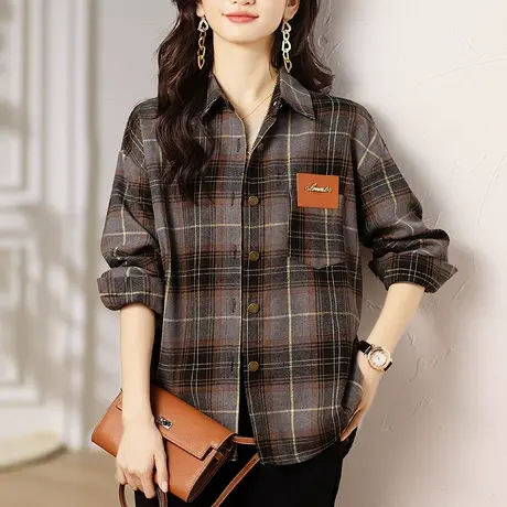 长袖衬衫女春季新款大码女装上衣宽松中长款百搭洋气休闲格子衬衣图片