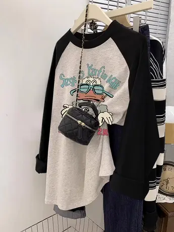 复古港风内搭上衣chic大码纯棉长袖T恤女ins潮薄款插肩袖打底衫春商品大图