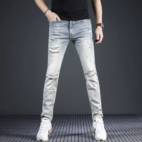 美式休闲破洞牛仔裤男修身小脚潮牌复古水洗弹力烂洞乞丐裤男潮破商品大图