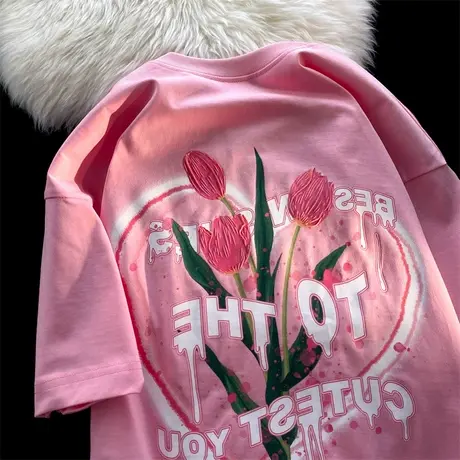 纯棉郁金香花朵爱心设计感短袖t恤女夏季ins潮牌宽松别致大码上衣图片