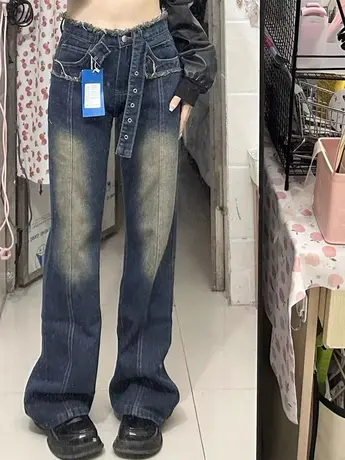 做旧复古微喇叭牛仔裤女秋冬高腰显瘦直筒裤美式高街小个子阔腿裤图片