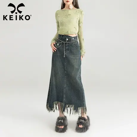 KEIKO 复古磨烂毛边牛仔半身裙春夏辣妹高腰遮胯显瘦A字包臀长裙图片