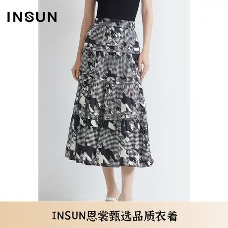 INSUN恩裳夏季纯棉A字裙千鸟格透气半身裙图片