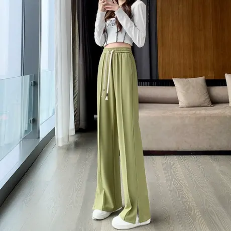 开叉阔腿裤女春夏薄款2024高腰抽绳宽松休闲垂感冰丝显瘦直筒裤子商品大图
