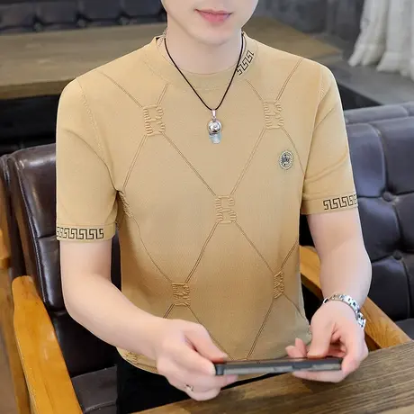 刺绣针织t恤男夏季潮牌薄款白色短袖上衣高端男装冰丝圆领打底衫商品大图