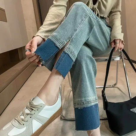 窄版直筒牛仔裤女春秋2024新款高腰显瘦小个子开叉撞色拼接烟管裤图片