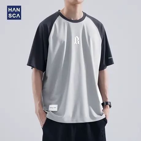 hansca 冰丝撞色插肩袖短袖T恤男夏季薄款宽松大码速干透气上衣服商品大图