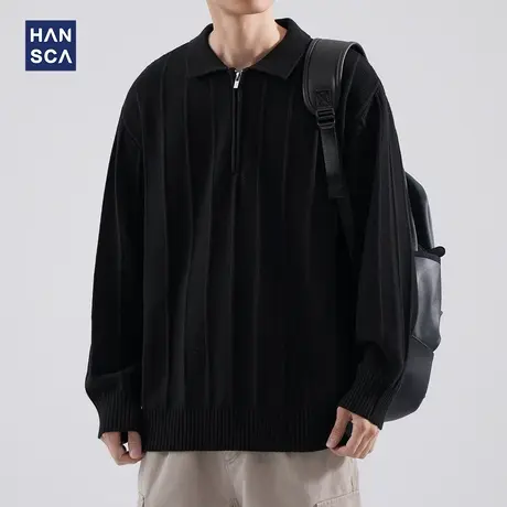 hansca半拉链竖条纹提花针织polo领毛衣男秋冬季肌理感套头针织衫商品大图