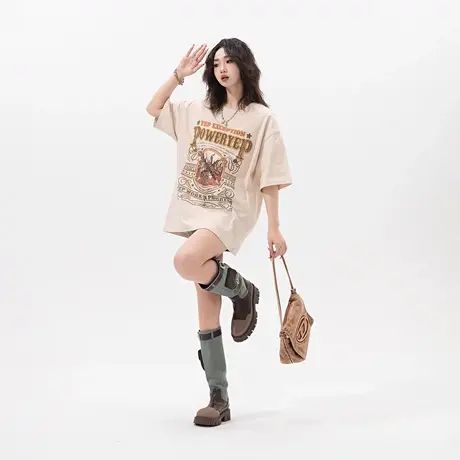 YEP美式复古印花短袖t恤女夏季2024年新款纯棉情侣装宽松半袖上衣图片