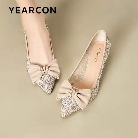 意尔康法式细高跟鞋2023新款春秋优雅甜美蝴蝶结蕾丝鞋婚鞋女单鞋图片