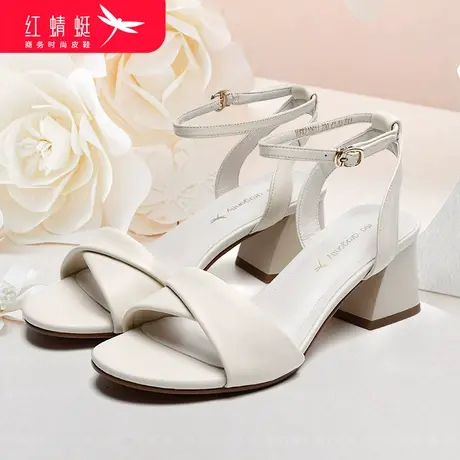 红蜻蜓女真皮时尚夏季百搭2024新款粗跟凉鞋女士气质软底高跟鞋子商品大图