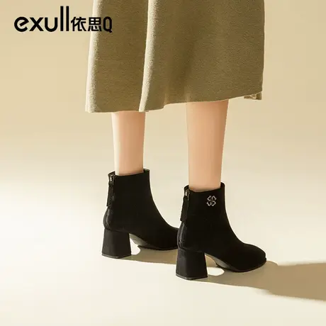 依思q气质短靴女粗跟2023年冬季新款高跟绒面磨砂加绒女鞋时装靴商品大图