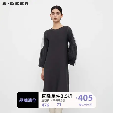 sdeer圣迪奥女装圆领晕染网纱喇叭袖针织连衣裙S233Z12E9图片