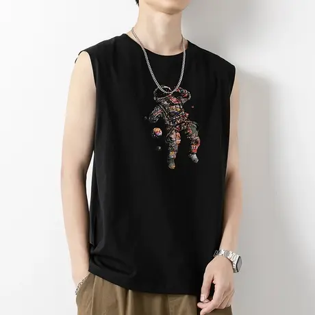 纯棉背心男士夏季宽松太空人宇航员印花全棉无袖t恤跨栏运动坎肩商品大图