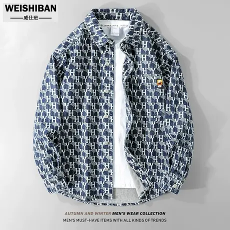 春季2023年新款复古单宁牛仔衬衫潮牌宽松老花休闲上衣男衬衣外套图片