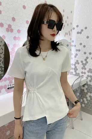 短袖宽松抽褶显瘦T恤女2023夏季新款韩版时尚设计感小众别致上衣图片