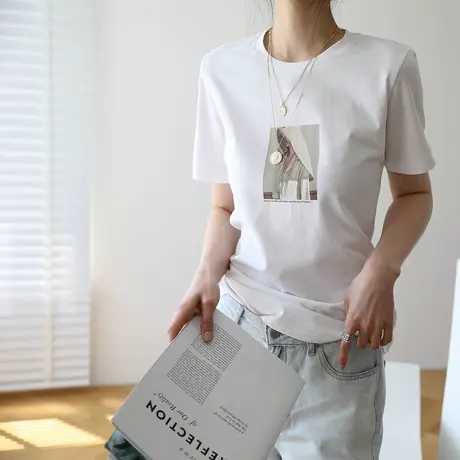 2023春夏新款超火韩版打底上衣ins女潮chic宽松简约白色短袖T恤女商品大图