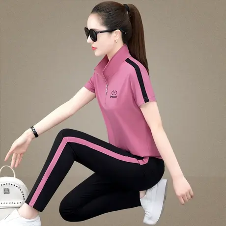 运动套装女春夏新款时尚中年妈妈立领短袖长裤天丝休闲减龄两件套商品大图