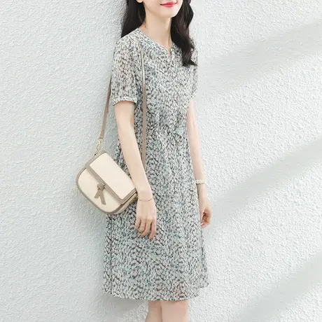 韩潮袭人V领碎花中长款雪纺短袖连衣裙夏高级感收腰显瘦A字裙子图片