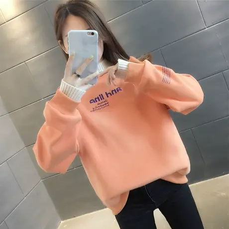 假两件高领拼接卫衣女打底上衣2023秋冬新款宽松加绒加厚保暖外套图片