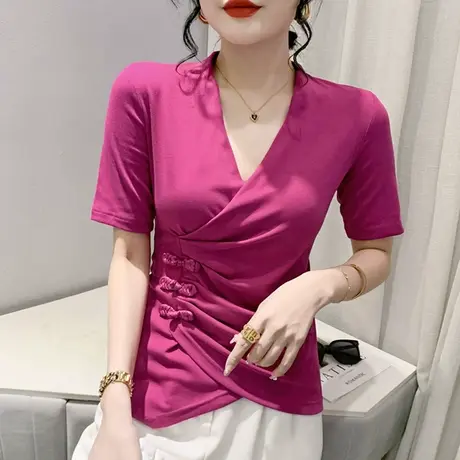 时尚交叉V领T恤女短袖欧货设计感小众网红上衣不规则开叉收腰小衫商品大图