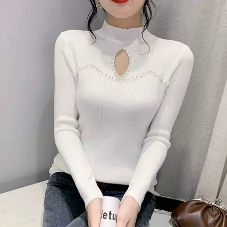 性感镂空针织衫女春秋纯色百搭半高领打底上衣紧身套头毛衣女长袖商品大图