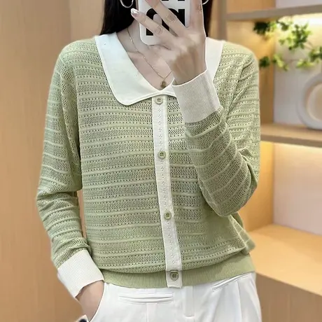 秋季2023新款女装娃娃领薄款镂空拼色针织衫打底小衫外穿上衣洋气商品大图