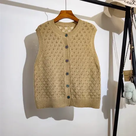 复古针织马甲开衫女早秋新款设计感小众圆领叠穿镂空毛衣背心外套商品大图