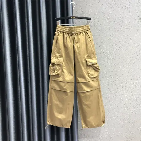 2023秋季新款卡其色个性口袋束脚休闲裤女高腰显瘦时尚褶皱直筒裤图片