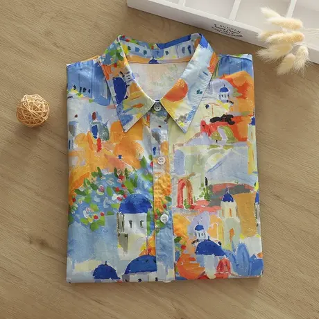 春秋装日系文艺小清新油画印花纯棉长袖衬衫女学生宽松打底衫上衣商品大图