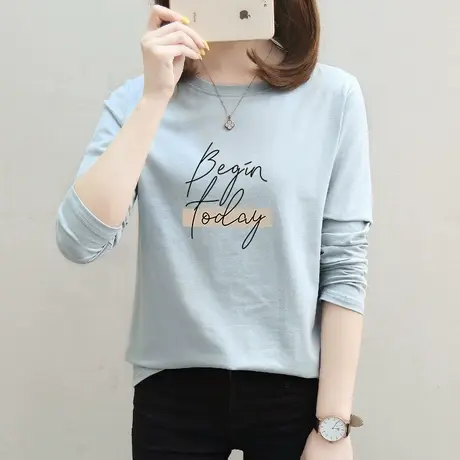 2022年新款纯棉长袖t恤蓝色韩版宽松打底衫内搭初秋上衣女百搭潮图片