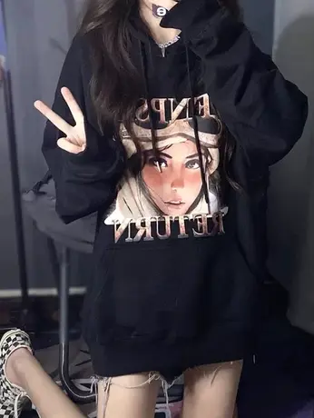 复古港风chic卫衣女宽松韩版ins设计感小众上衣春秋薄款连帽外套商品大图