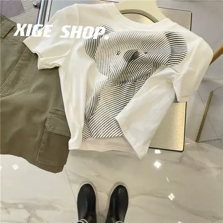 夏季甜辣白色圆领短袖T恤女韩版宽松百搭卡通印花正肩短款上衣ins商品大图