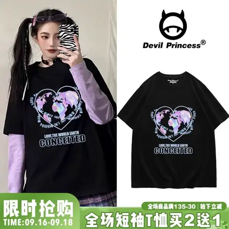 港风森系chic甜辣少女爱心短袖t恤女宽松韩版高街bf大码黑色半袖商品大图