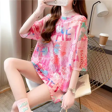 设计感小众短袖t恤女夏季韩版宽松大码女装中长款扎染上衣体桖潮商品大图