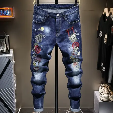 夏季薄款潮牌刺绣花牛仔裤男修身直筒韩版潮流国潮男士长裤子弹力商品大图