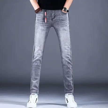 2023秋季男士新款牛仔裤男春秋灰色条纹时尚小脚裤棉弹男潮牌修身商品大图