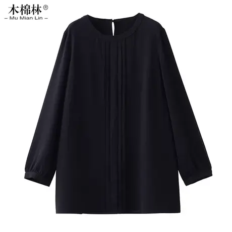 胖MM圆领压褶长袖2024大码女装春季新品宽松遮肚显瘦上衣气质小衫商品大图
