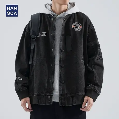 hansca黑色水洗牛仔外套男秋季2023新款日系复古宽松棒球服夹克潮商品大图