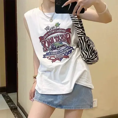 美式复古纯棉吊带运动坎肩背心无袖t恤女夏外穿宽松港风挂脖上衣商品大图